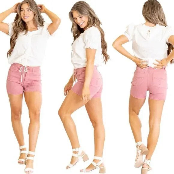 Judy Blue High Rise Shorts Rose Garment Dyed Embroidery Stretch Denim NWT - Picture 5 of 12